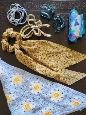 Yellow Floral Scarf Scrunchie Hair Tie - Women Accessories Hair Accessories